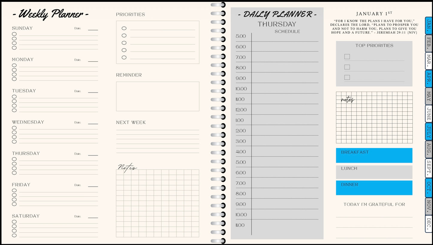 Digital Planner - (Light Blue, Grey, & White) - With Calendar Links