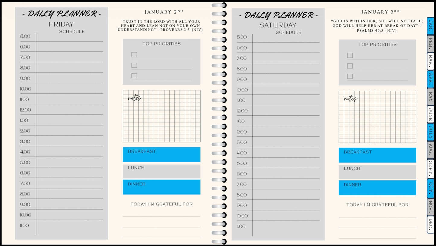 Digital Planner - (Light Blue, Grey, & White) - With Calendar Links