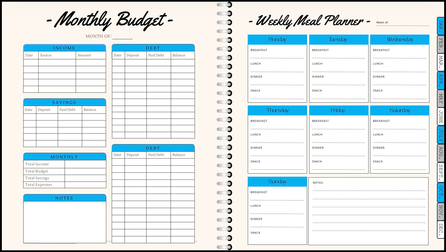 Digital Planner - (Light Blue, Grey, & White) - With Calendar Links