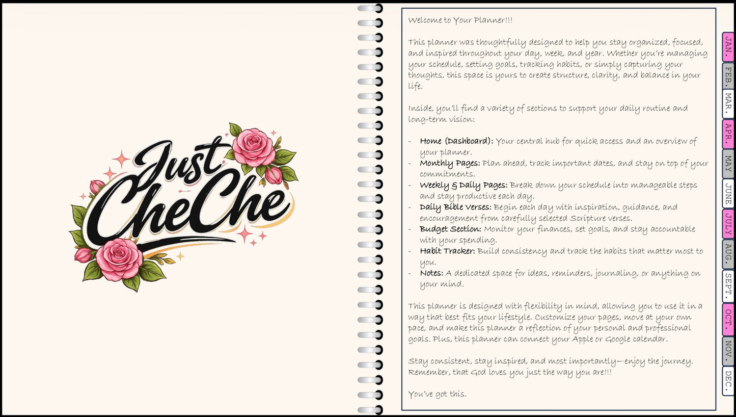 Digital Planner - (Light Pink, Grey, & White) - With Calendar Links