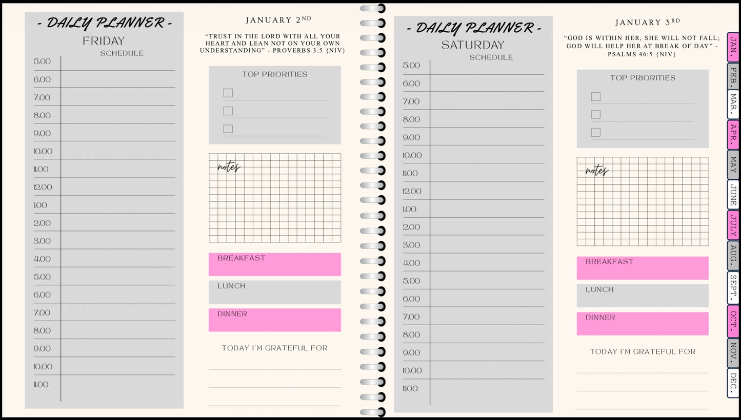 Digital Planner - (Light Pink, Grey, & White) - With Calendar Links