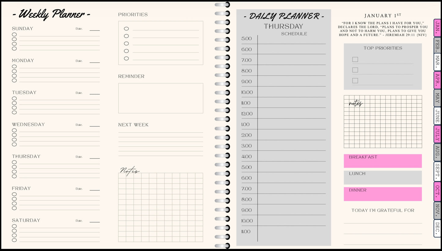 Digital Planner - (Light Pink, Grey, & White) - With Calendar Links