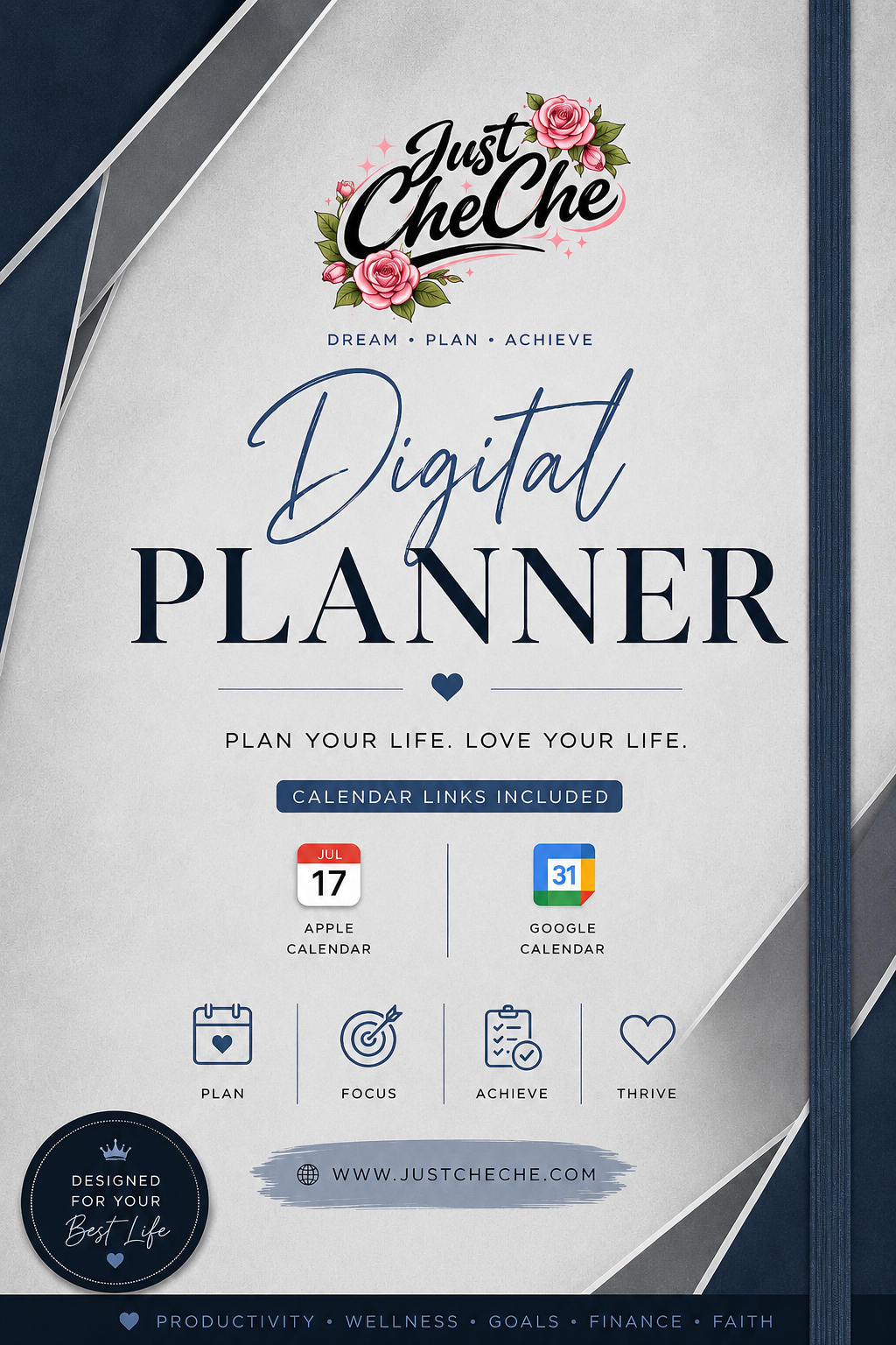 Digital Planner - (Light Blue, Grey, & White) - With Calendar Links