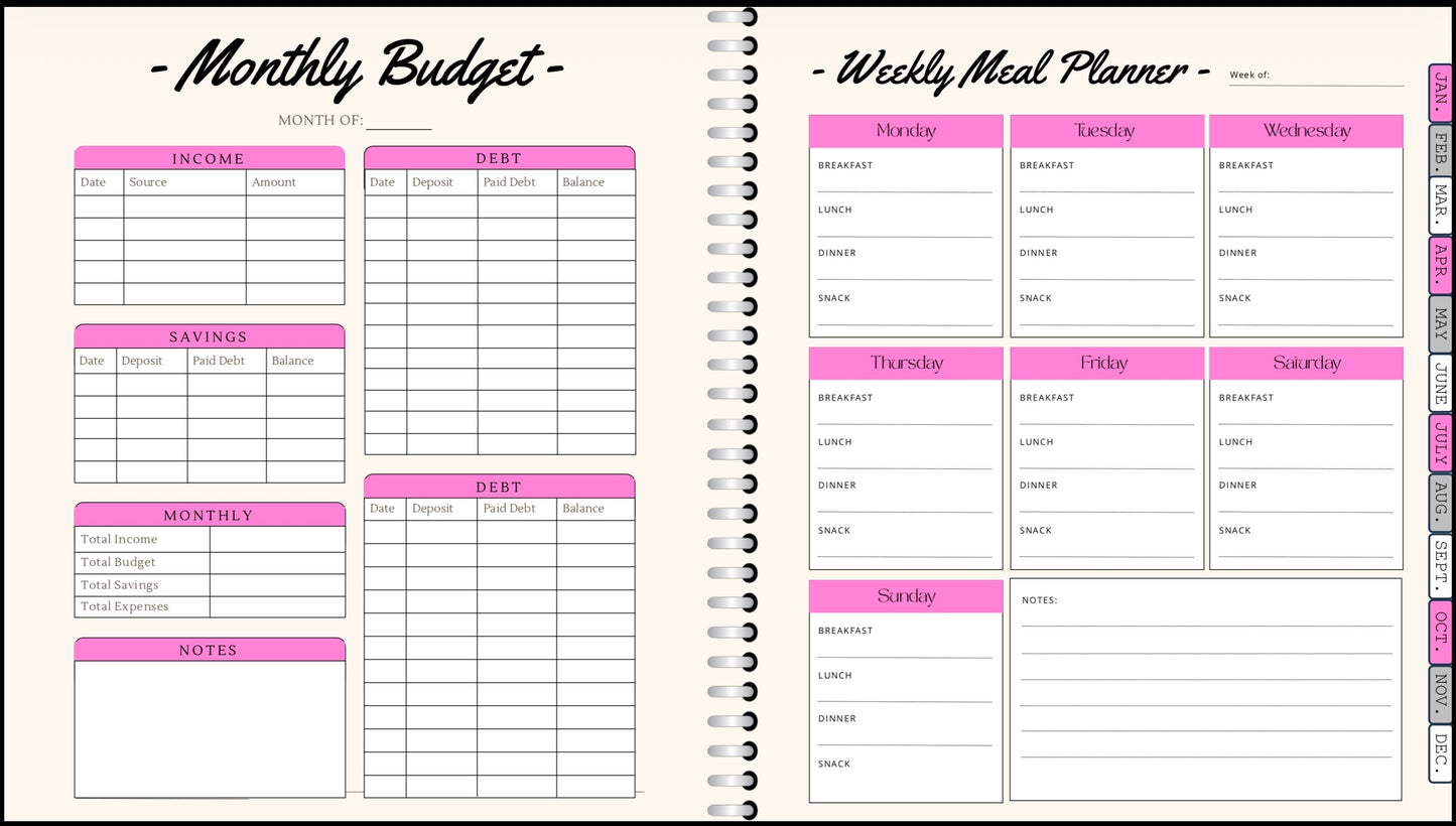 Digital Planner - (Light Pink, Grey, & White) - With Calendar Links