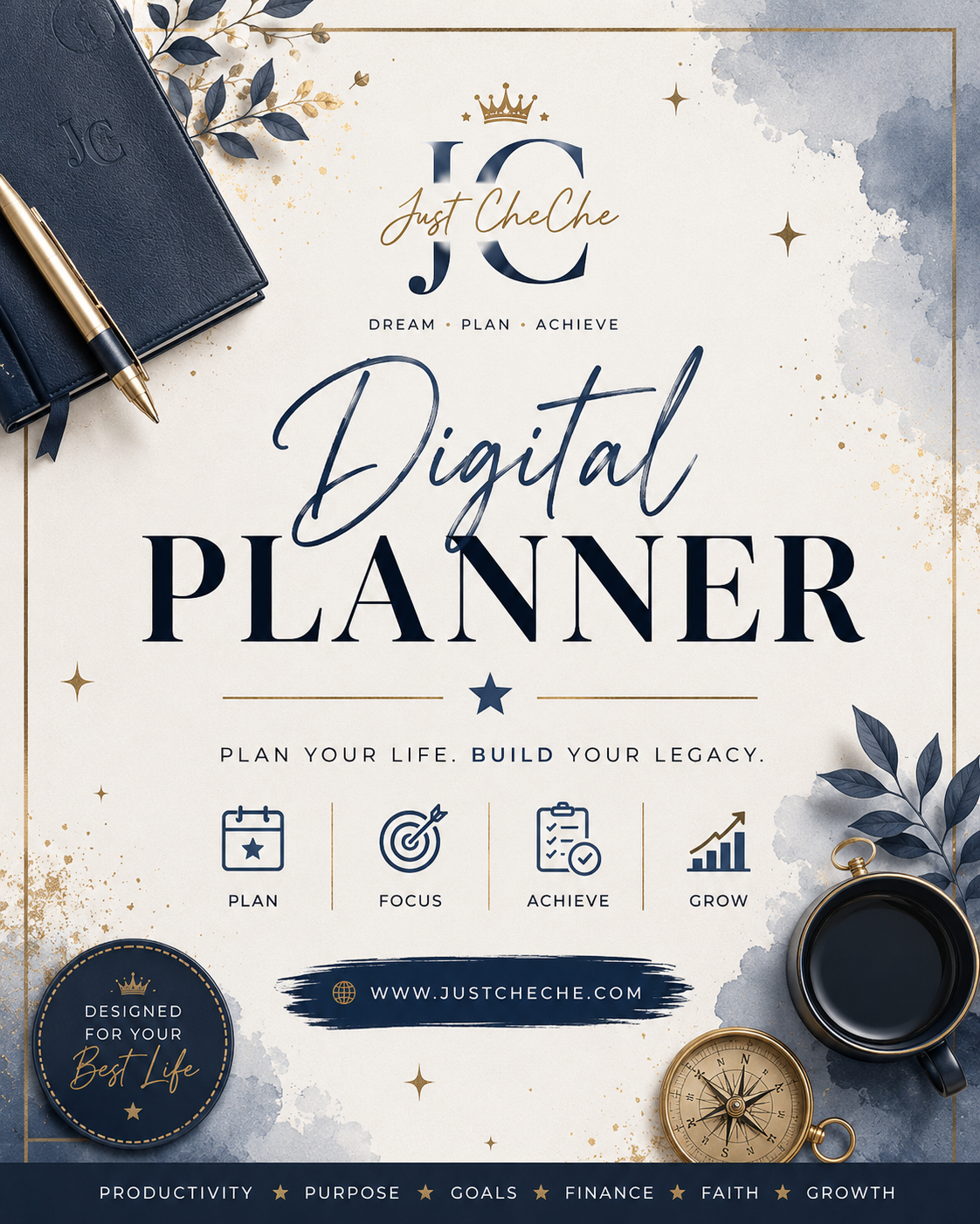 Digital Planner - (Light Blue, Grey, & White) - Without Calendar Links