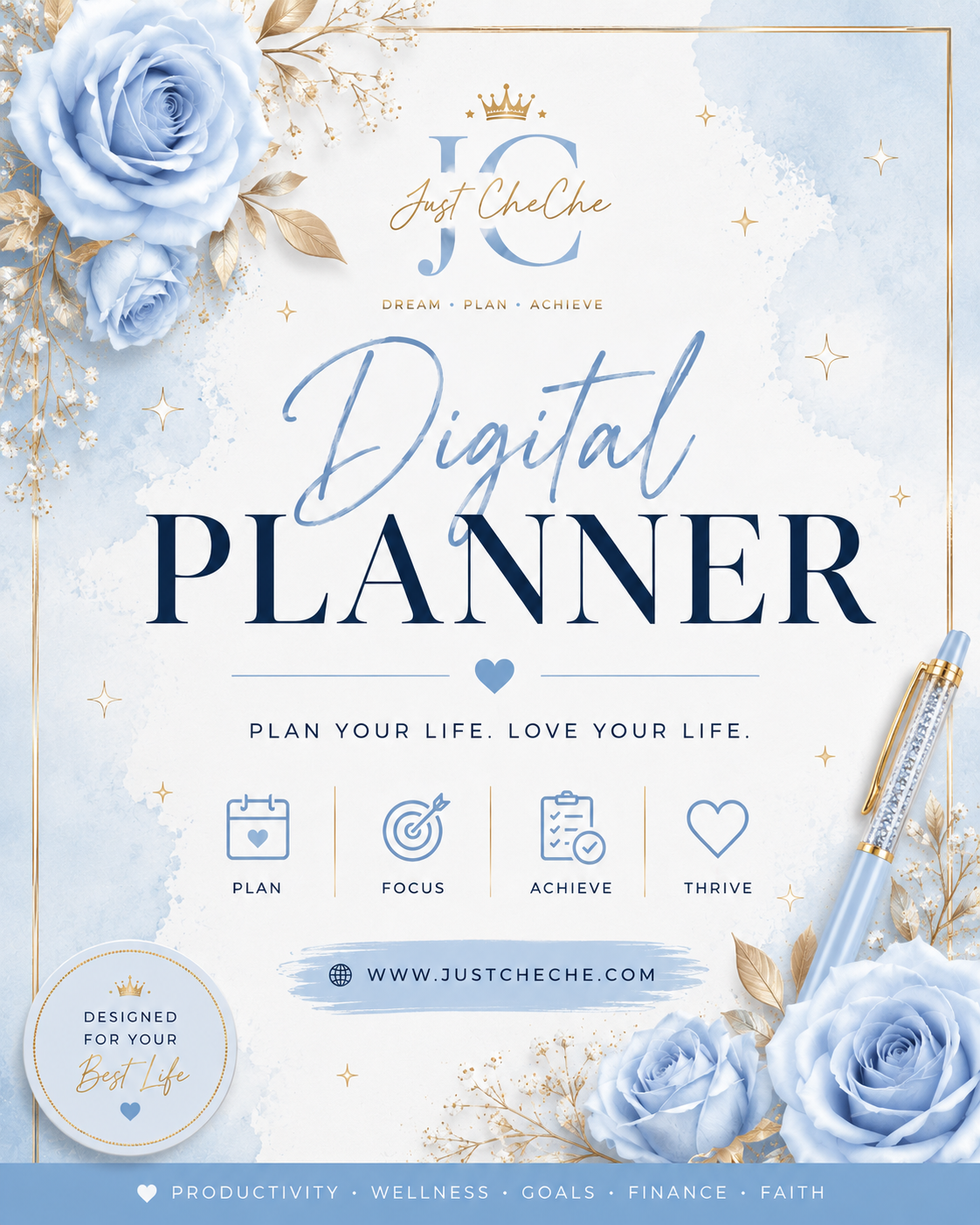 Digital Planner - (Light Blue, Grey, & White) - With Calendar Links