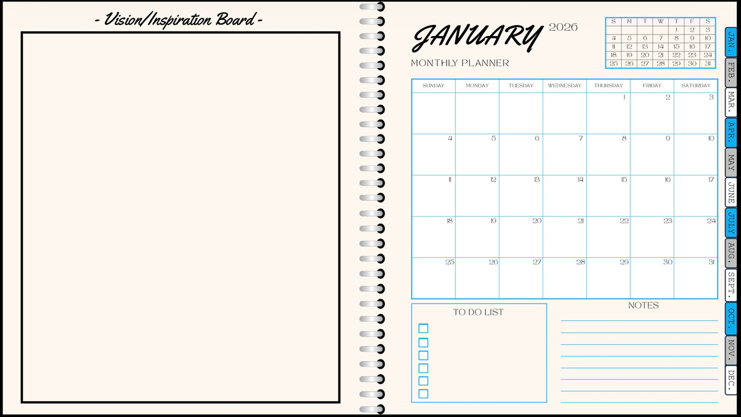 Digital Planner - (Light Blue, Grey, & White) - With Calendar Links